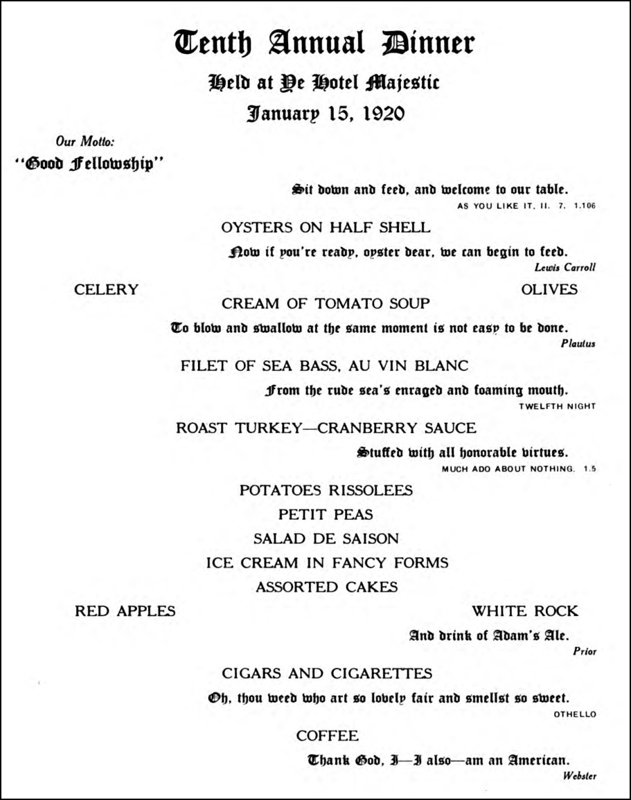 The menu from the 10th Annual Dinner, Ye Old Settlers’ Association of Ye West Side